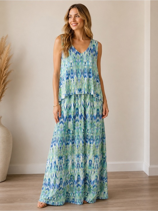 Chico's Dresses & Skirts - Chico's Sleeveless V-Neck Maxi Dress in Blue and Green Ikat Print